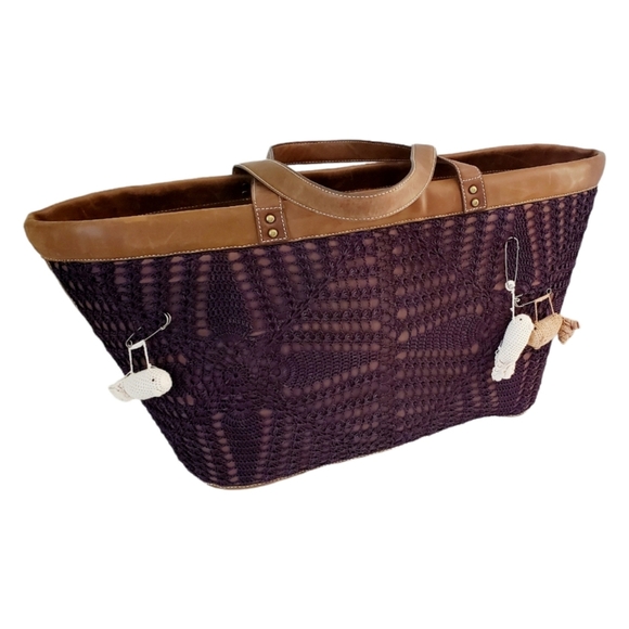 Kate Landry Fish Net and Leather Purple/Eggplant Large Tote - Picture 1 of 6